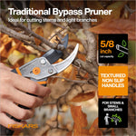 Hand using a Fiskars bypass pruner to cut a small branch with product feature badges overlaid