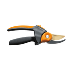 Close side view of Fiskars PowerGear2 pruner with titanium-marked blade and black contoured handle