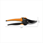 Side view of Fiskars pruner on white background with dimensions indicated and blade and handle visible