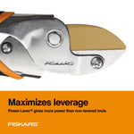 Close-up of Fiskars pruner head with titanium-coated anvil blade and visible Fiskars logo on metal