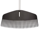 Close front view of Fiskars wide black poly rake head with evenly spaced curved tines and aluminum shaft