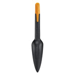 Single Fiskars seed planting trowel with black blade and orange handle shown on white background