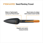 Graphic diagram of Fiskars seed planting trowel showing English/metric measurements and handle seed stylus