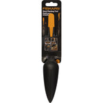 Fiskars seed planting trowel on retail card packaging showing product and instructional icons