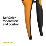 Close-up of Fiskars pruner handles highlighting orange SoftGrip material and part of the black lower handle