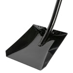 Close-up of a black square steel shovel blade and curved shaft showing rivet detail