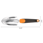 Fiskars trowel laid flat on white background with measurements showing overall length and handle width