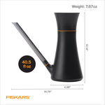 Fiskars watering can with dimensions and weight infographic; callout shows 40.5 fl oz capacity and measurements