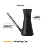 Product feature graphic of Fiskars watering can calling out easy-fill top, translucent spout, and lightweight resin body