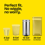 Yellow graphic showing perfect fit copy with illustrations of 4, 8, 13, and 20 gallon trash can silhouettes