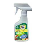 White trigger-spray bottle of Fit Organic Fruit & Vegetable Wash with green and yellow label and produce imagery