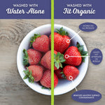 Split infographic of a bowl of strawberries comparing washed with water alone versus Fit Organic produce wash