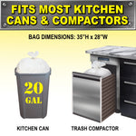 Illustration of a 20 gal trash bag in a kitchen can and a trash compactor with header text showing bag dimensions