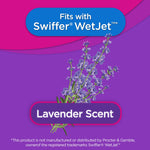 Graphic panel stating "Fits with Swiffer WetJet" with lavender illustration and "Lavender Scent" label on purple background.