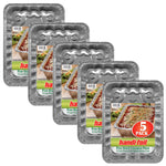 Five Handi-Foil giant lasagna pans displayed in a staggered row, each showing the product insert label with a lasagna photo