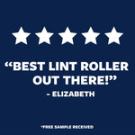 Blue background with five white stars and a customer quote praising the lint roller, credited to 'Elizabeth' and note about a free sample.