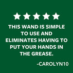 Green background with a five-star graphic and a customer quote praising the wand for keeping hands out of grease