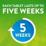 Green infographic panel stating each tablet lasts up to five weeks with a large blue circular '5 weeks' icon