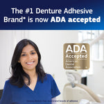 Promotional graphic with smiling dental professional and ADA Accepted seal endorsing Fixodent brand