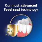 Graphic showing teeth protected by a shield with text about advanced food seal technology