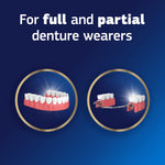 Illustration of full and partial dentures inside circular frames labeled for denture wearers