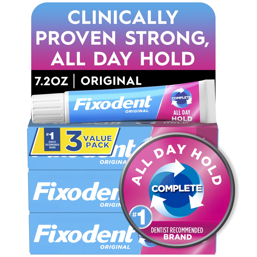 Stacked Fixodent Original denture adhesive boxes and a tube with a large 'All Day Hold' circular badge and clinical claim header.