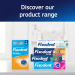 Range of Fixodent product boxes including Ultra, Pure Strength, Plus and powder variants