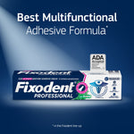 Fixodent Professional product box displayed under a spotlight with headline claiming best multifunctional adhesive formula.