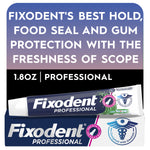 Fixodent Professional tube and boxed packaging on a graphic background promoting Scope freshness and 1.8oz professional denture adhesive.