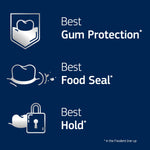 Three silver icons and text on a navy background listing Best Gum Protection, Best Food Seal and Best Hold in the Fixodent line.