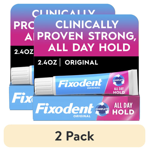 Two Fixodent Original denture adhesive boxes with a tube visible and '2 Pack' label