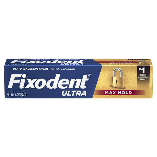Fixodent Ultra Max Hold denture adhesive cream box shown on white background with lock icon and branding