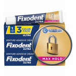 Stacked Fixodent Ultra denture adhesive cream value pack with a single tube and lock icon