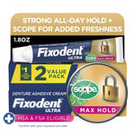 Fixodent Ultra denture adhesive tube and packaging with Scope max hold branding