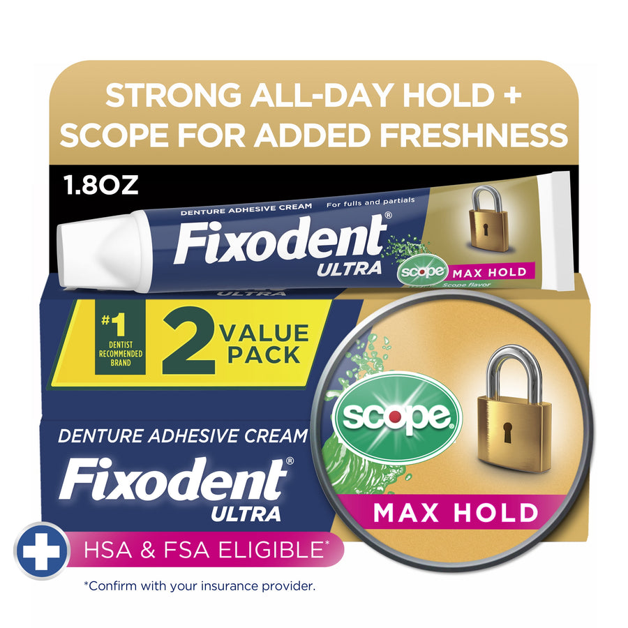 Fixodent Ultra denture adhesive tube and packaging with Scope max hold branding