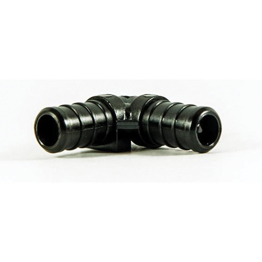 Flair-It black plastic 1/2" barbed equal elbow hose connector, 90-degree fitting photographed on white background