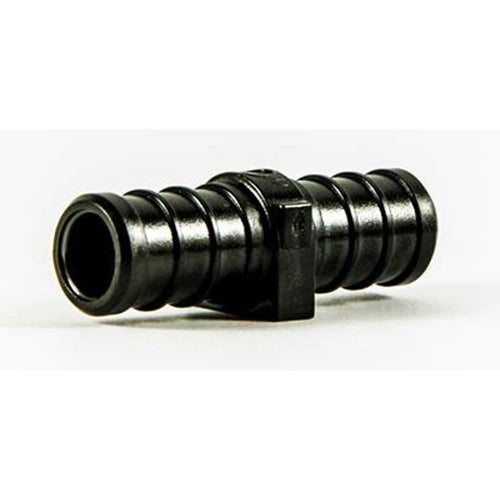 Black plastic barbed 1/2" equal coupling fitting photographed on a white background