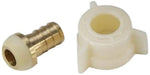Two-piece swivel adapter showing a separate barbed brass fitting and a white plastic nut with central brass insert
