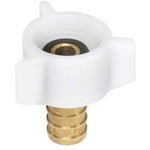 White plastic winged nut with visible brass threaded insert and a short barbed brass hose connection