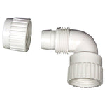 White plastic 90-degree elbow swivel plumbing connector with threaded coupling nut