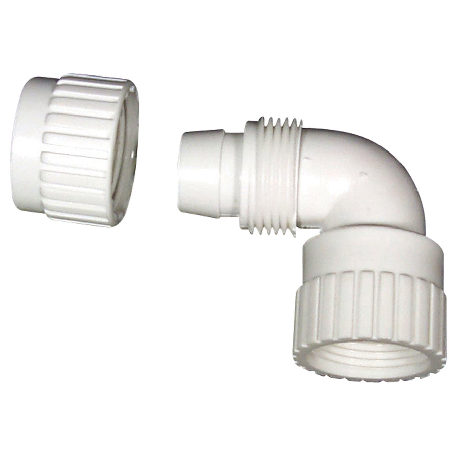 White plastic 90-degree elbow swivel plumbing connector with threaded coupling nut
