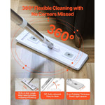 Lifestyle-style graphic of a flat mop on wood floor with orange text and arrows highlighting 360° swivel cleaning