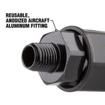 Close-up of a black anodized male threaded aircraft-aluminum fitting with label pointer