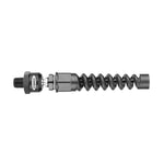 Side view of a black anodized ball swivel fitting with protective spiral bend cover