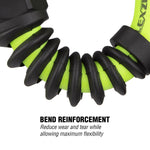 Macro view of black spiral bend reinforcement wrapped around a neon green Flexzilla hose