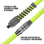 Close-up promotional image of Flexzilla Pro hose fittings and spiral bend reinforcement on neon hose