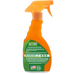 Rear view of an orange spray bottle labeled Flick! dog spray showing product information and spray nozzle
