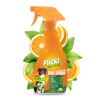 Orange Flick! dog flea and tick spray bottle with citrus slices and green leaves on white background