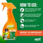 How to use instructions beside an orange Flick! dog spray bottle with usage icons and repeat-as-necessary note