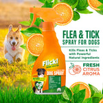 Flick! orange dog spray bottle displayed with citrus imagery, grassy foreground and a smiling dog in background
